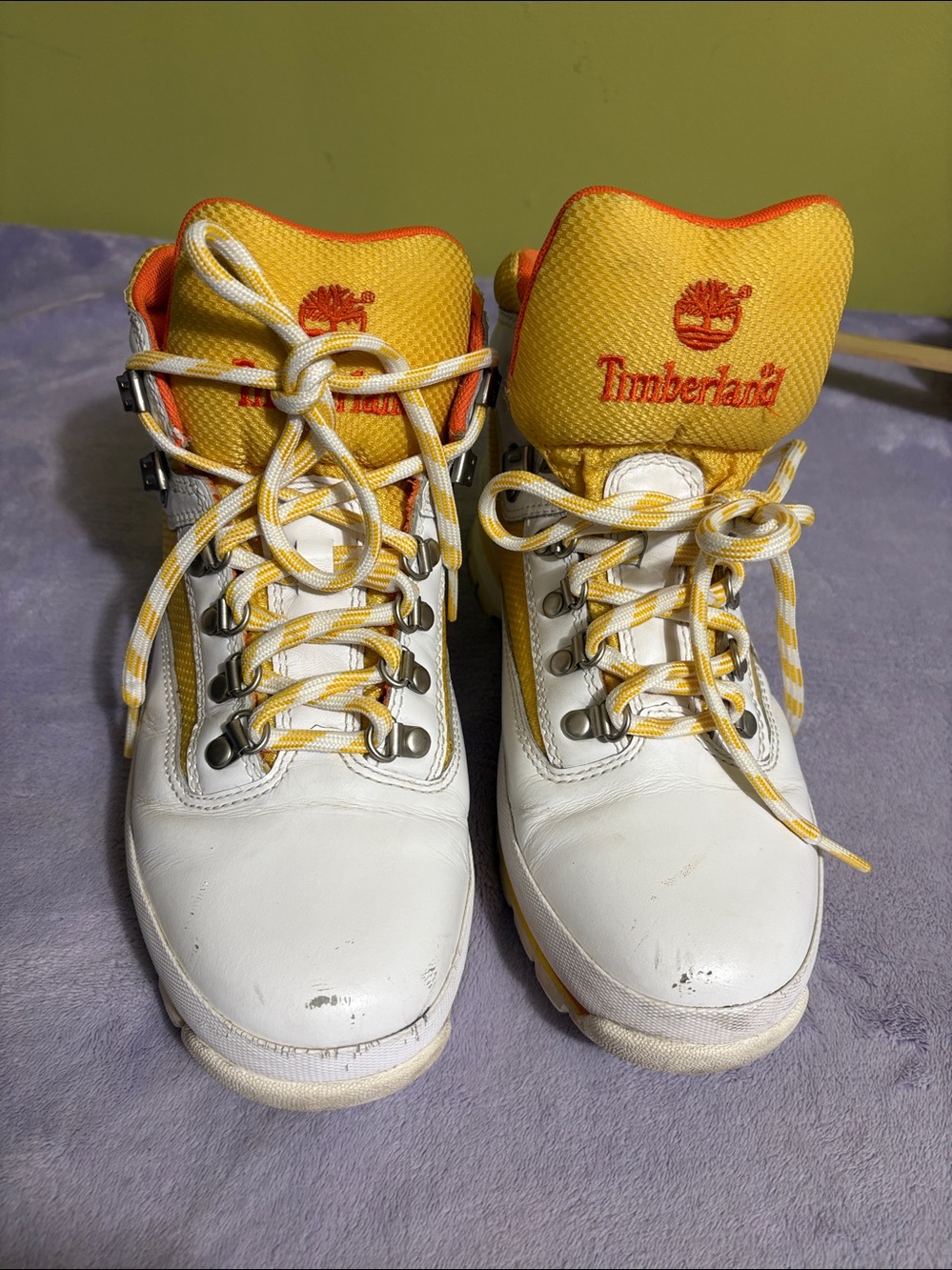 Timberland Euro Hiker Mid Boots Mens 9.5 White Yellow Orange Leather Hiking